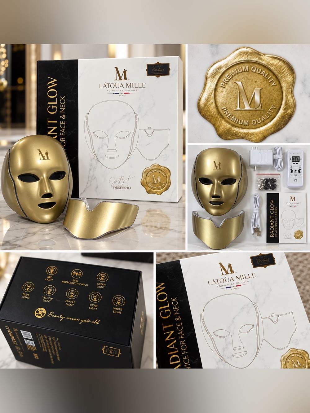 Latoua Mille Radiant Glow Face & Neck LED Mask in Gold *Brand New*